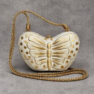 Timmy Woods Hand Carved Acacia Wood Ivory & Gold Butterfly Handbag Hand Painted